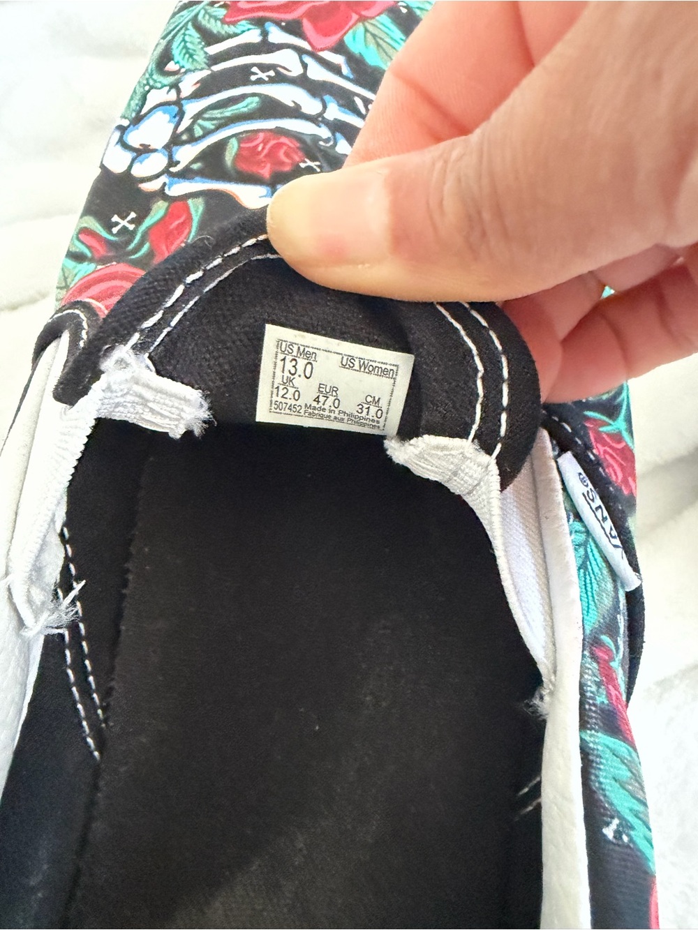 Vans Black Slip-On Skull Sneakers with Red Roses and Green Foliage - Picture 6 of 6